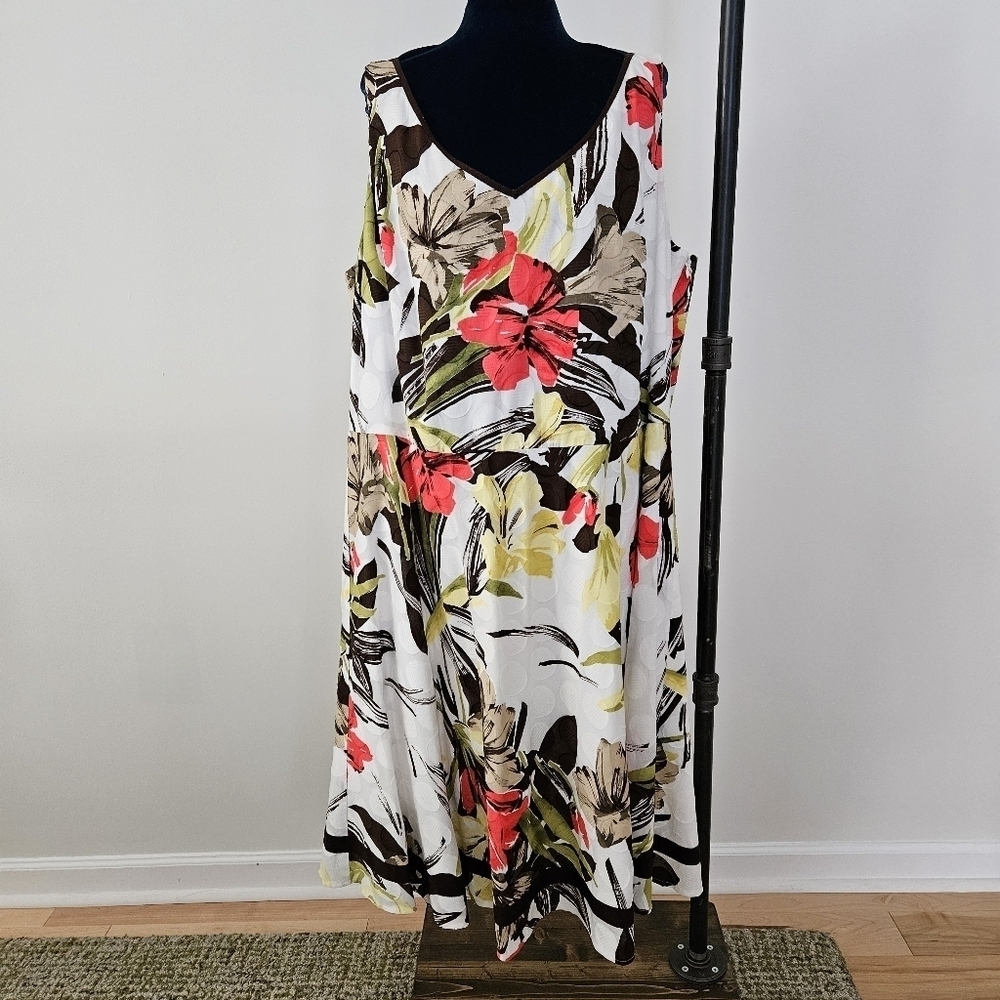 Tahari Arthur Levine Sleeveless Dress 18W Plus Size White Floral Polka Dot